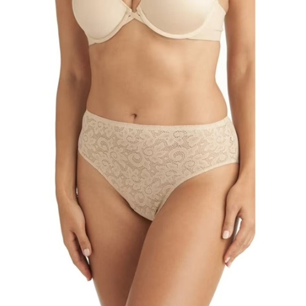 TC Fine Intimates Women Warm Beige Sheer Lace Hi-Cut Brief Panties Size L
